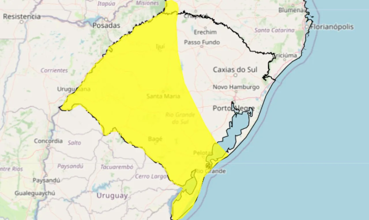 Trata-se de um alerta amarelo para acumulados de chuvas com risco de alagamento e deslizamento no sul do país